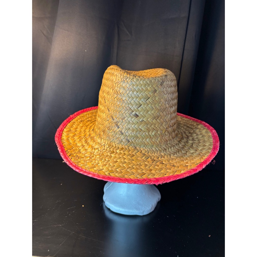 Oriental Trading Woven Straw Sun Hat Pink Trim Grass Beach Luau 15/219‎